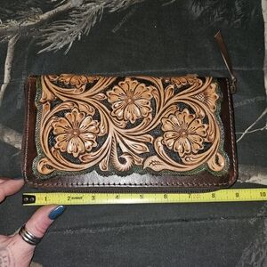 American Darling Brown Tooled Leather Floral Zip Wallet